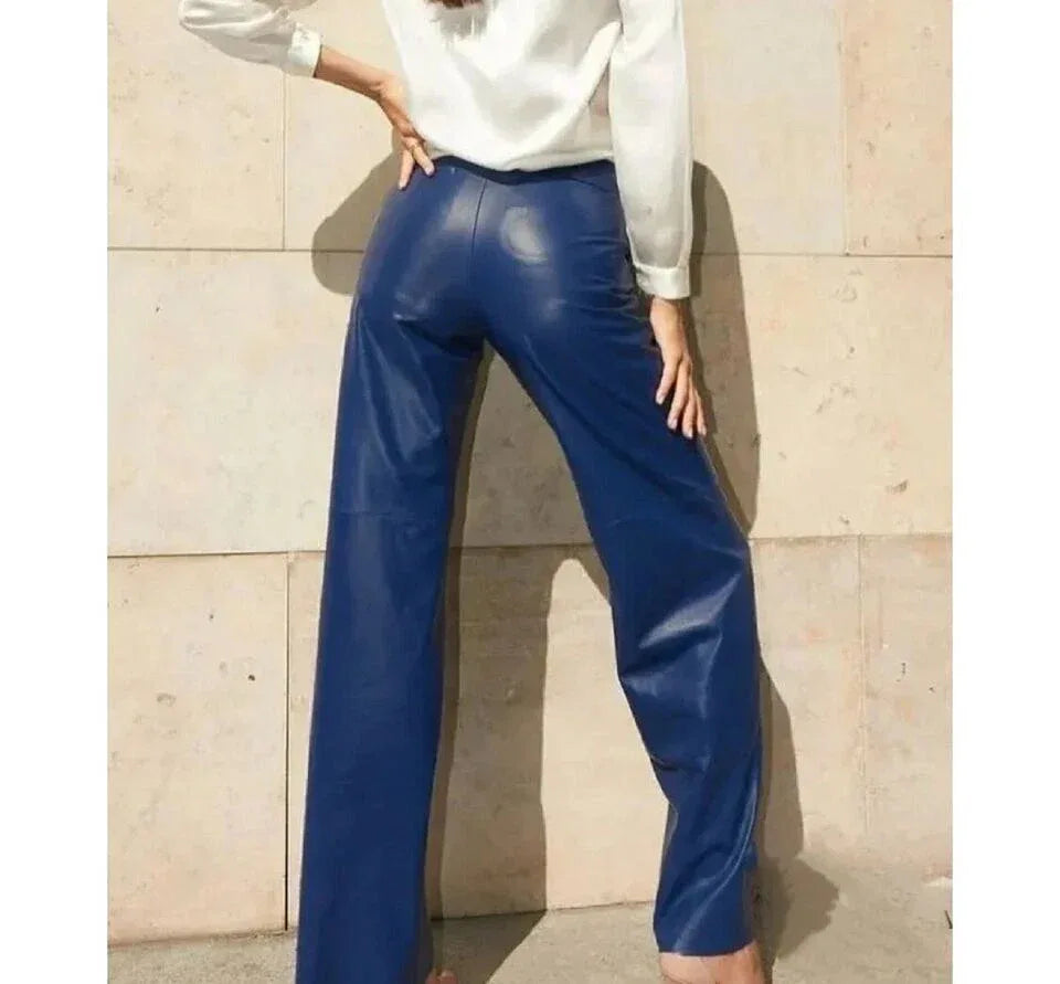 Blue Original Leather Pants - High-Waisted Wide Leg Genuine Premium Leather Trousers for Women