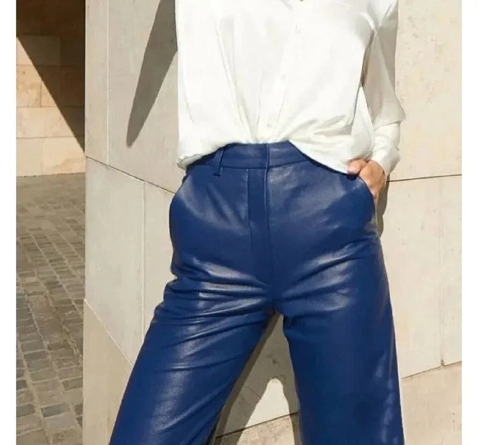 Blue Original Leather Pants - High-Waisted Wide Leg Genuine Premium Leather Trousers for Women