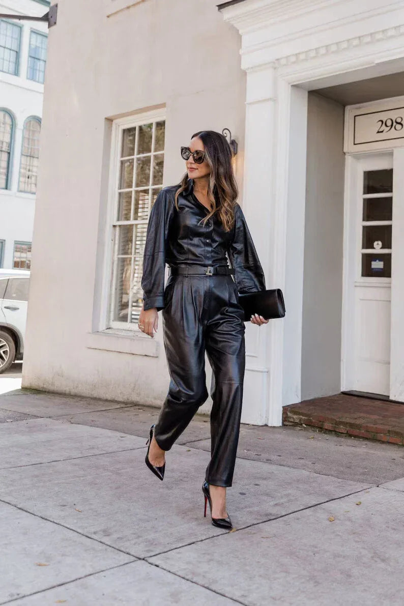 Black Original Leather Pants - High-Waisted Pleated Tapered Leg Genuine Premium Leather Trousers for Women