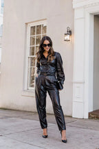 Black Original Leather Pants - High-Waisted Pleated Tapered Leg Genuine Premium Leather Trousers for Women
