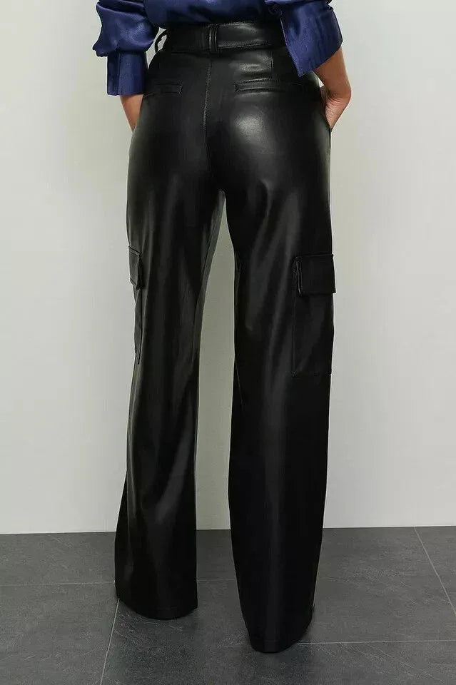 Black Original Leather Cargo Pants - High-Waisted Wide Leg Genuine Premium Leather Trousers for Women