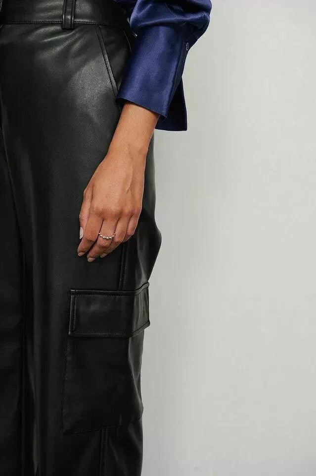 Black Original Leather Cargo Pants - High-Waisted Wide Leg Genuine Premium Leather Trousers for Women