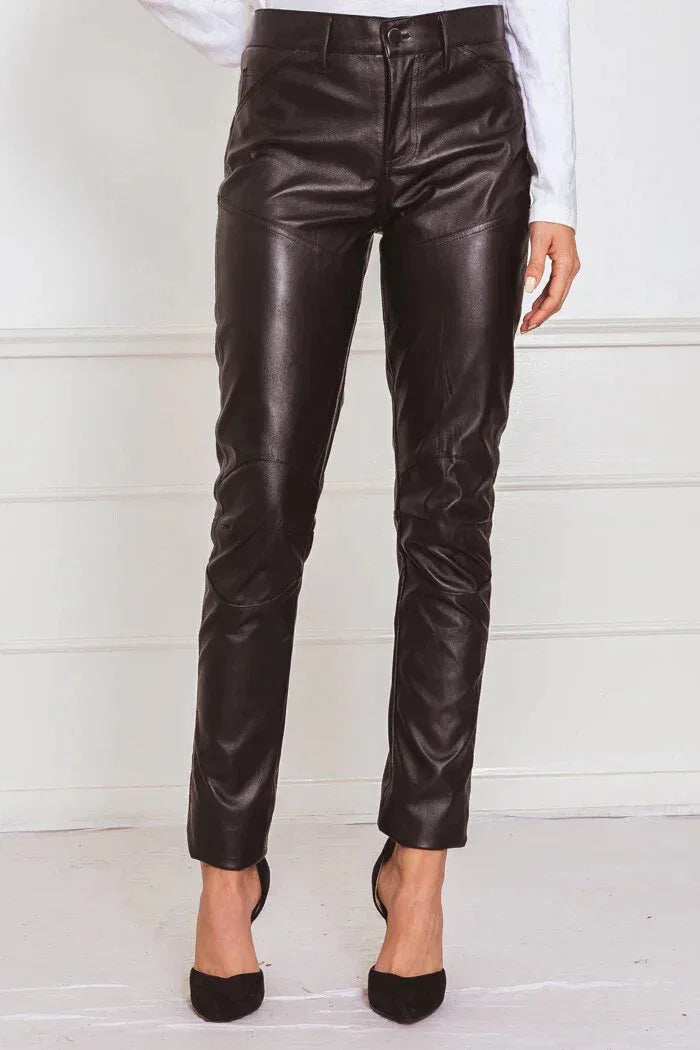 Chocolate Brown Original Leather Pants - High-Waisted Straight Leg Genuine Premium Leather Trousers for Women