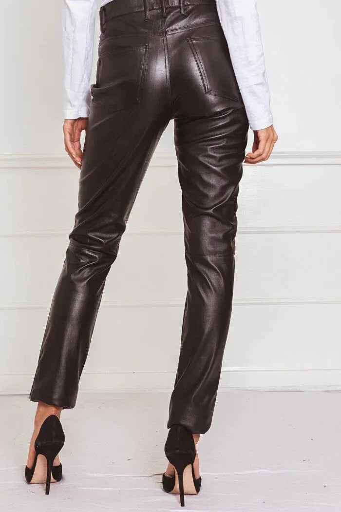 Chocolate Brown Original Leather Pants - High-Waisted Straight Leg Genuine Premium Leather Trousers for Women