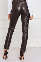Chocolate Brown Original Leather Pants - High-Waisted Straight Leg Genuine Premium Leather Trousers for Women