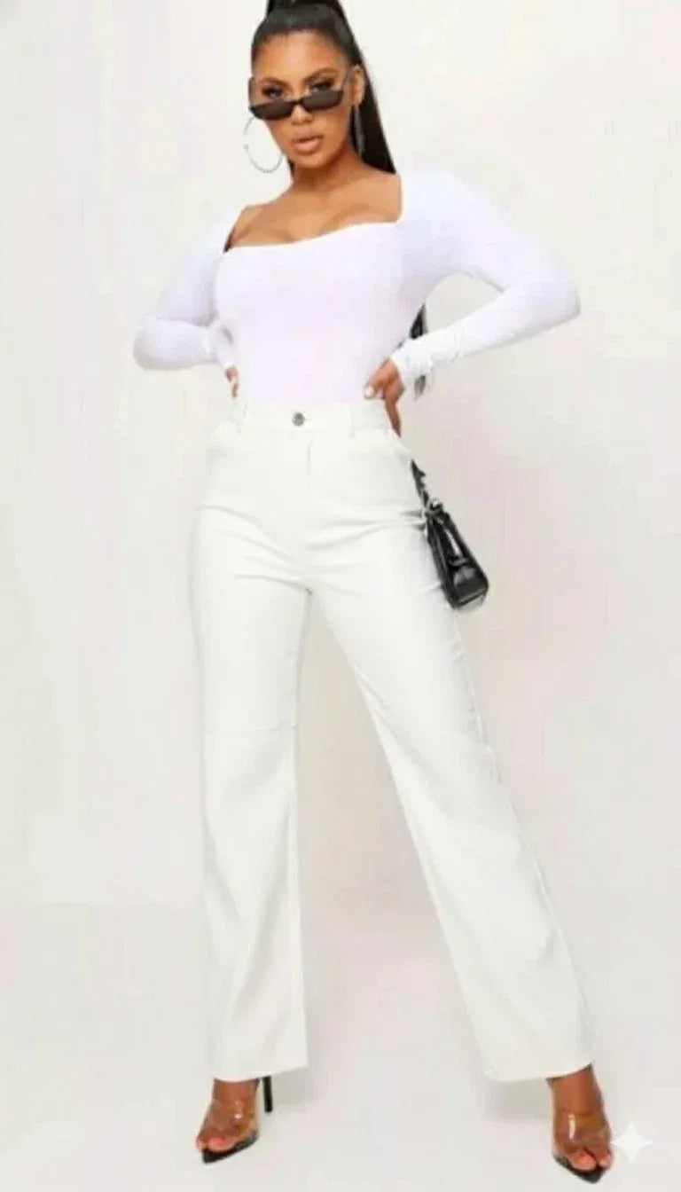White Original Leather Pants - High-Waisted Wide Leg Genuine Premium Leather Trousers for Women