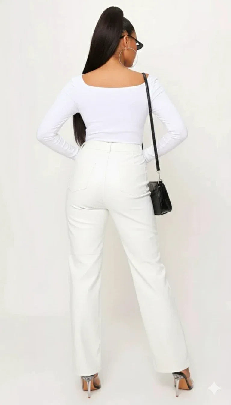 White Original Leather Pants - High-Waisted Wide Leg Genuine Premium Leather Trousers for Women