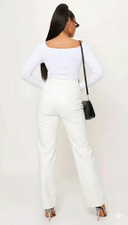White Original Leather Pants - High-Waisted Wide Leg Genuine Premium Leather Trousers for Women