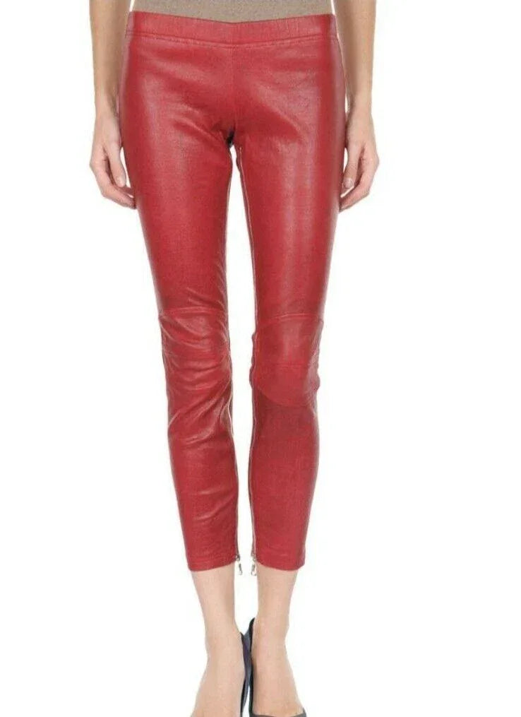 Red Original Leather Leggings - High-Waisted Skinny Fit Genuine Premium Leather Pants for Women