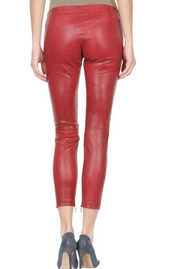 Red Original Leather Leggings - High-Waisted Skinny Fit Genuine Premium Leather Pants for Women