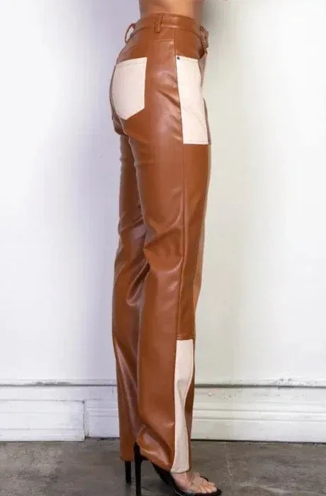 Color-Block Patchwork Original Leather Pants - High-Waisted Straight Leg Genuine Premium Leather Trousers for Women
