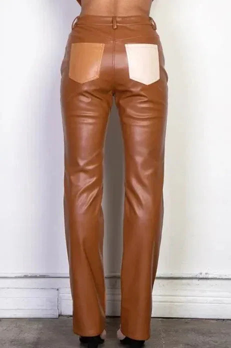 Color-Block Patchwork Original Leather Pants - High-Waisted Straight Leg Genuine Premium Leather Trousers for Women