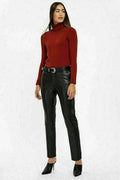 Black Original Leather Straight Leg Pants - High-Waisted Slim Fit Genuine Premium Leather Trousers for Women