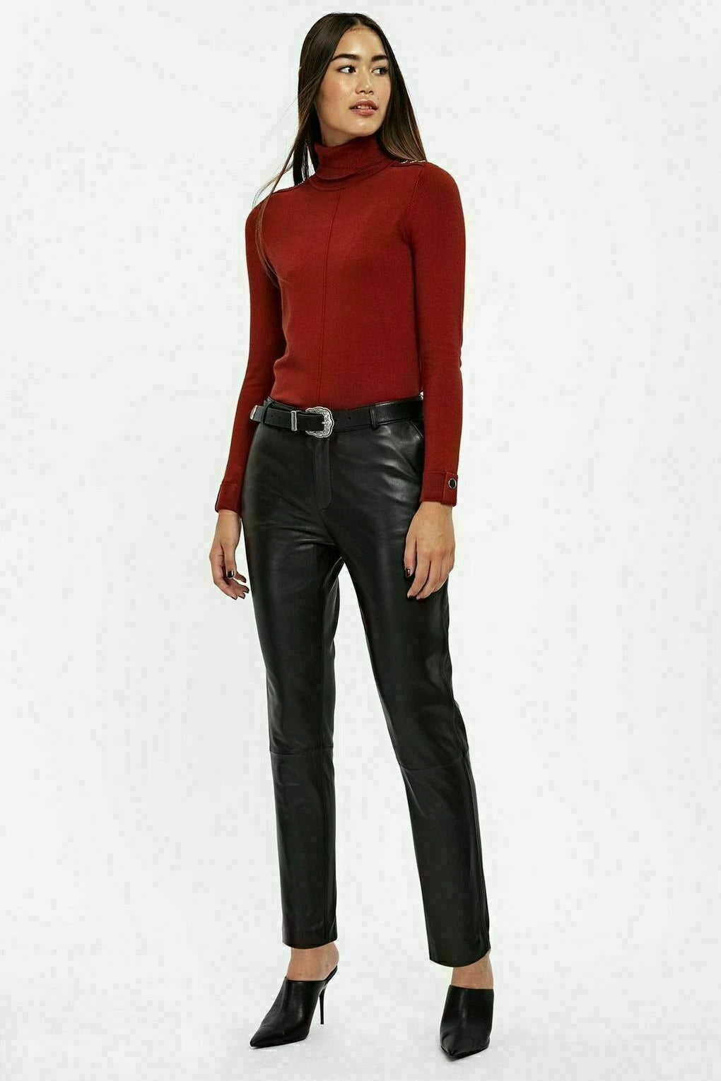 Black Original Leather Straight Leg Pants - High-Waisted Slim Fit Genuine Premium Leather Trousers for Women