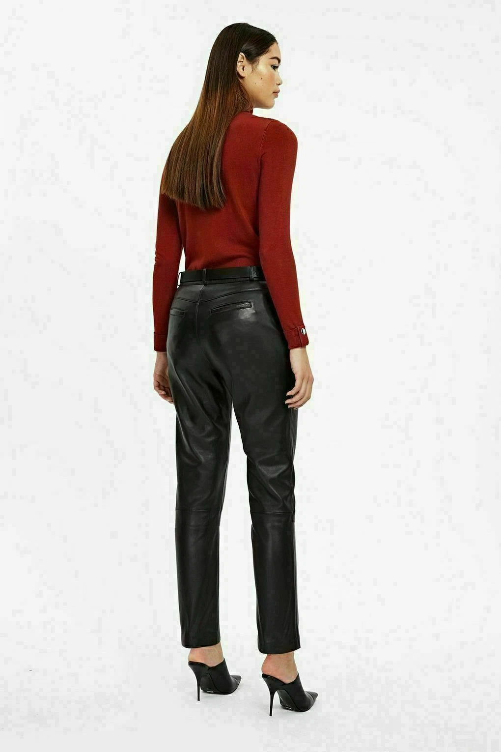 Black Original Leather Straight Leg Pants - High-Waisted Slim Fit Genuine Premium Leather Trousers for Women