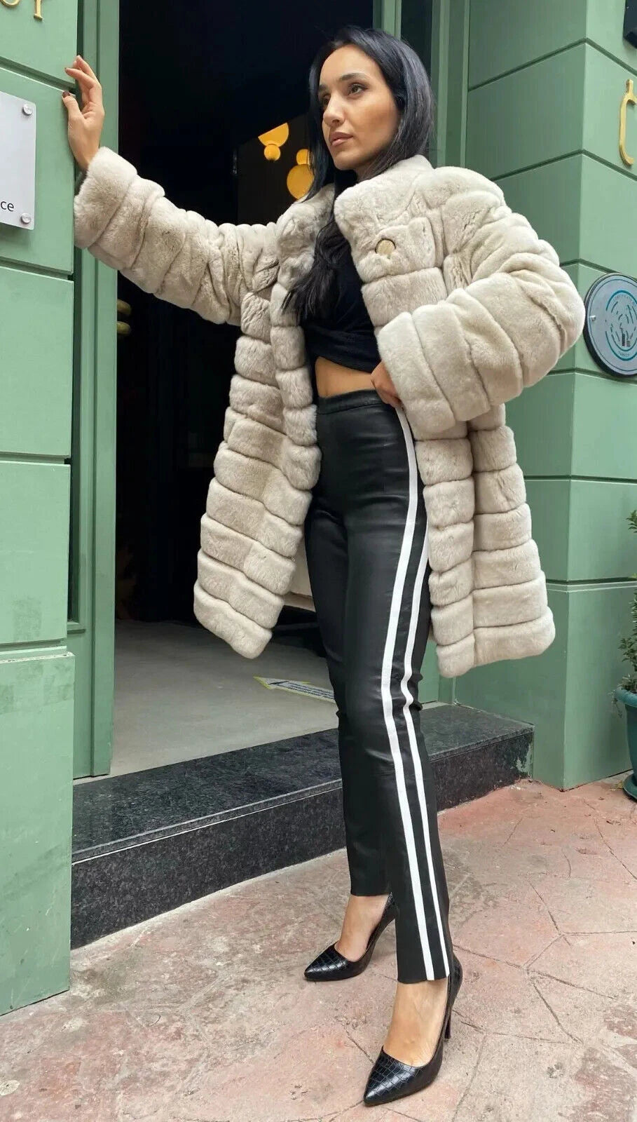 Black Original Leather Leggings with White Side Stripe - High-Waisted Skinny Fit Genuine Premium Leather Pants for Women