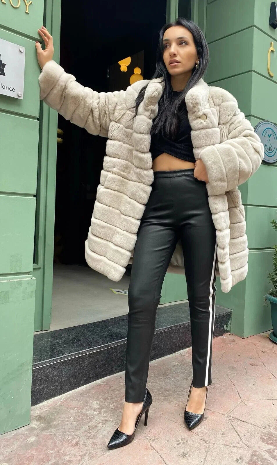 Black Original Leather Leggings with White Side Stripe - High-Waisted Skinny Fit Genuine Premium Leather Pants for Women