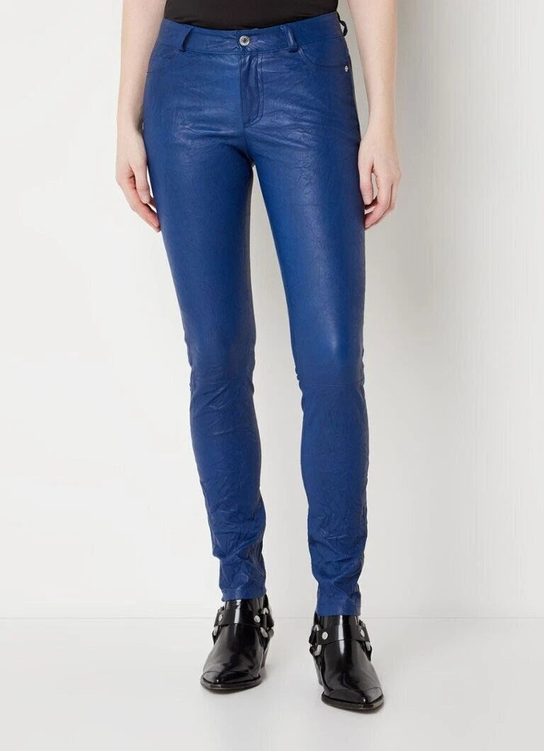 Navy Blue Original Leather Pants - High-Waisted Skinny Fit Genuine Premium Leather Trousers for Women