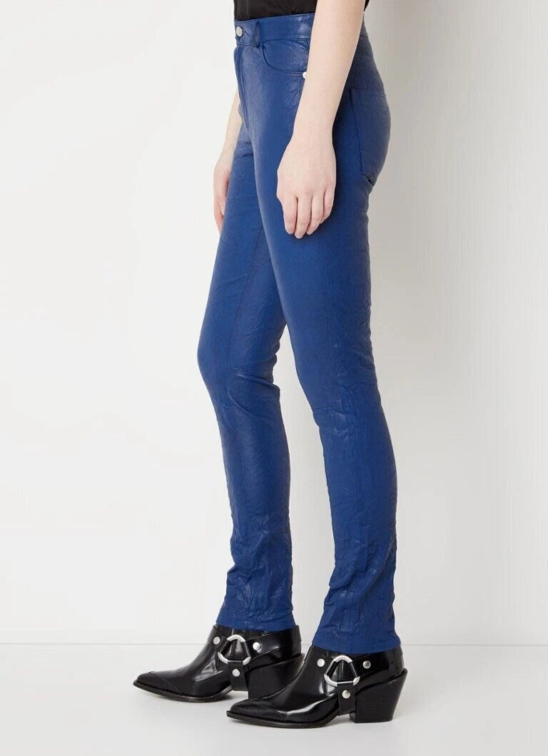Navy Blue Original Leather Pants - High-Waisted Skinny Fit Genuine Premium Leather Trousers for Women