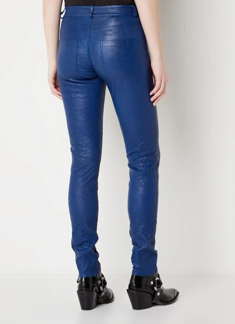 Navy Blue Original Leather Pants - High-Waisted Skinny Fit Genuine Premium Leather Trousers for Women