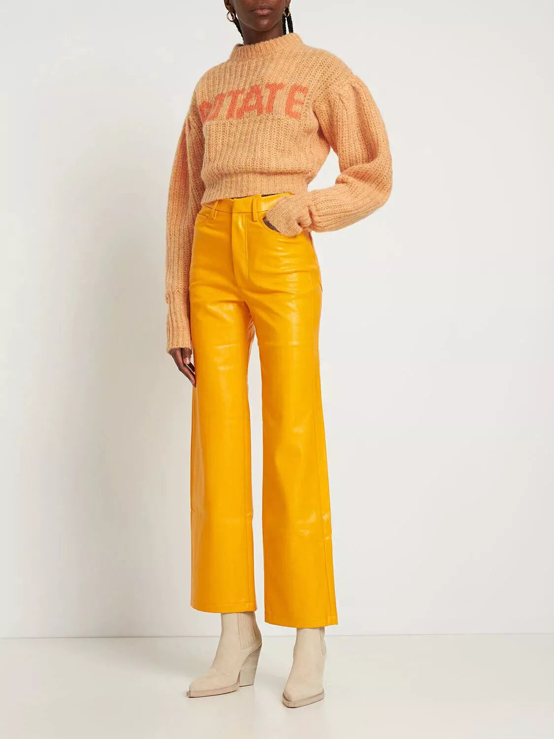 Yellow Original Leather Wide Leg Pants - High-Waisted Genuine Premium Leather Trousers for Women