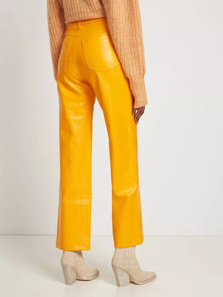 Yellow Original Leather Wide Leg Pants - High-Waisted Genuine Premium Leather Trousers for Women