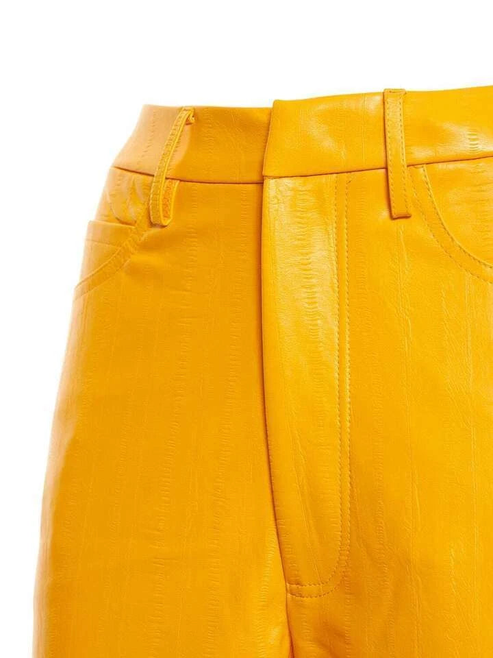 Yellow Original Leather Wide Leg Pants - High-Waisted Genuine Premium Leather Trousers for Women
