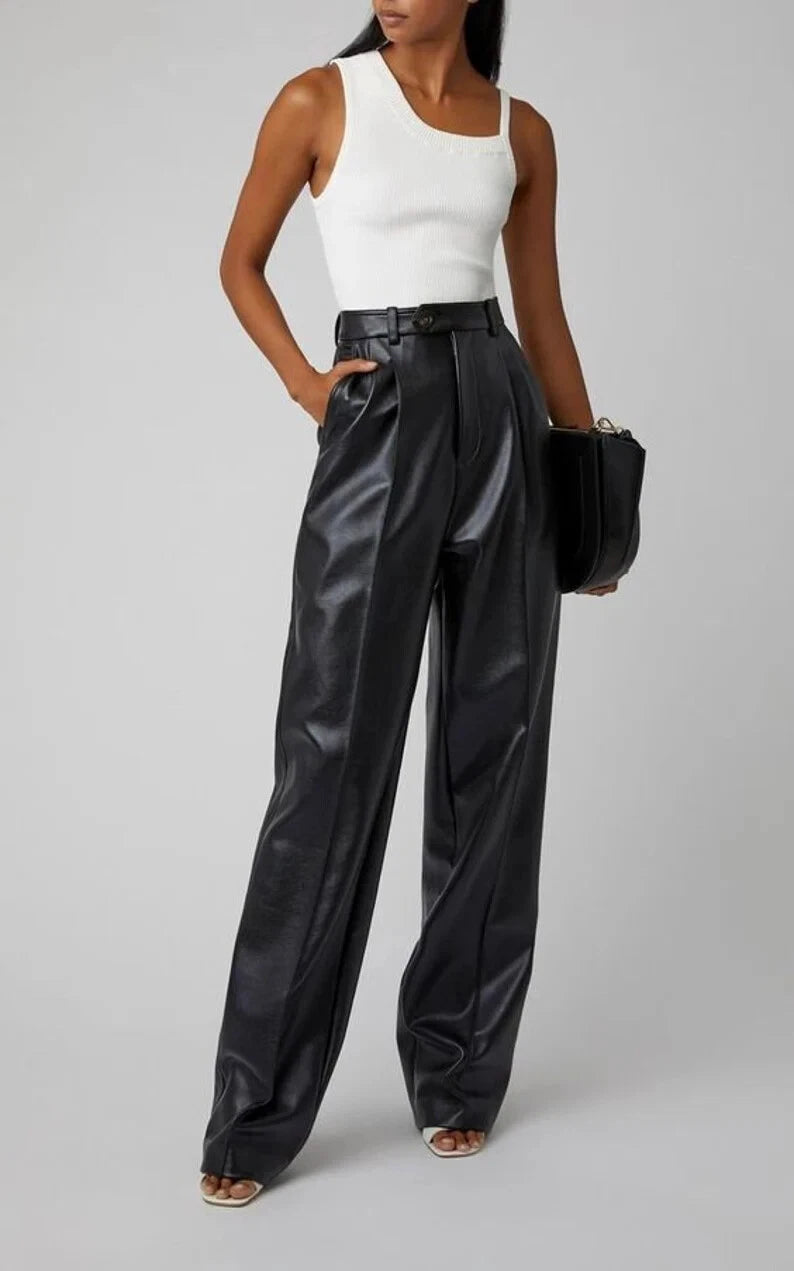 Black Original Leather Wide Leg Pants with Belt - High-Waisted Genuine Premium Leather Trousers for Women