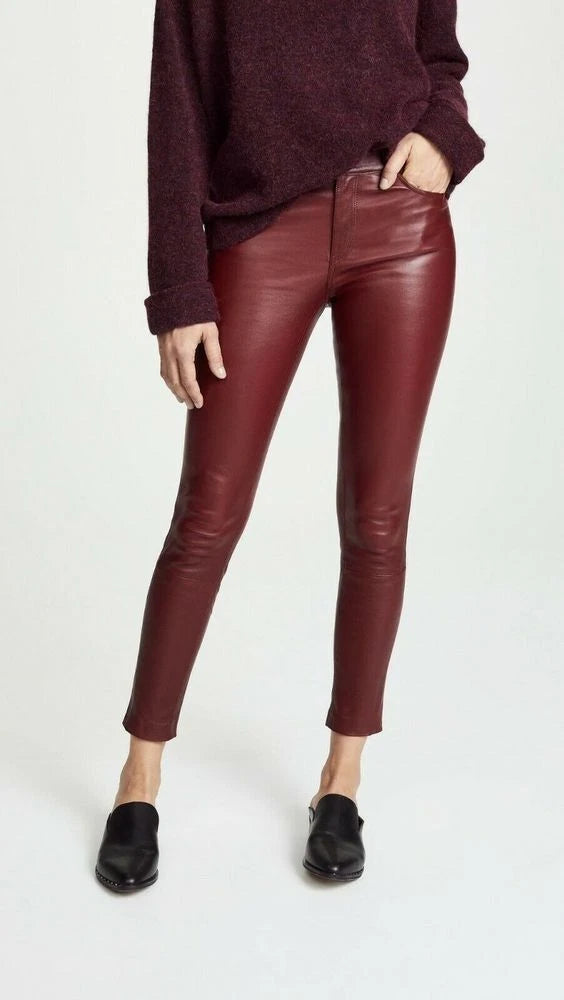 Burgundy Original Leather Skinny Pants - High-Waisted Slim Fit Genuine Premium Leather Trousers for Women