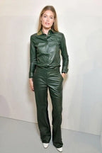 Forest Green Original Leather Pants - High-Waisted Straight Leg Genuine Premium Leather Trousers for Women