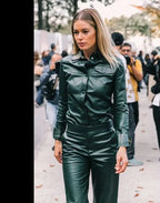 Forest Green Original Leather Pants - High-Waisted Straight Leg Genuine Premium Leather Trousers for Women