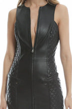 Women's Quilted Original Leather Dress - Sleeveless Black Premium Leather Mini Dress with Front Zipper