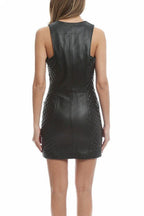 Women's Quilted Original Leather Dress - Sleeveless Black Premium Leather Mini Dress with Front Zipper