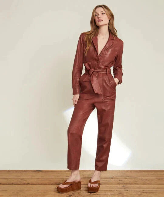 Maroon Original Leather Jumpsuit - Premium Full-Grain Leather Blazer Jumpsuit for Women