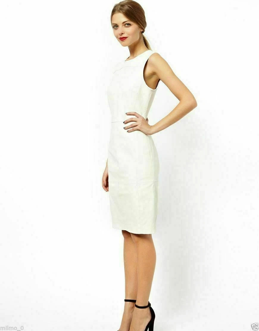 Women's White Original Leather Dress - Sleeveless Ivory Premium Leather Sheath Dress
