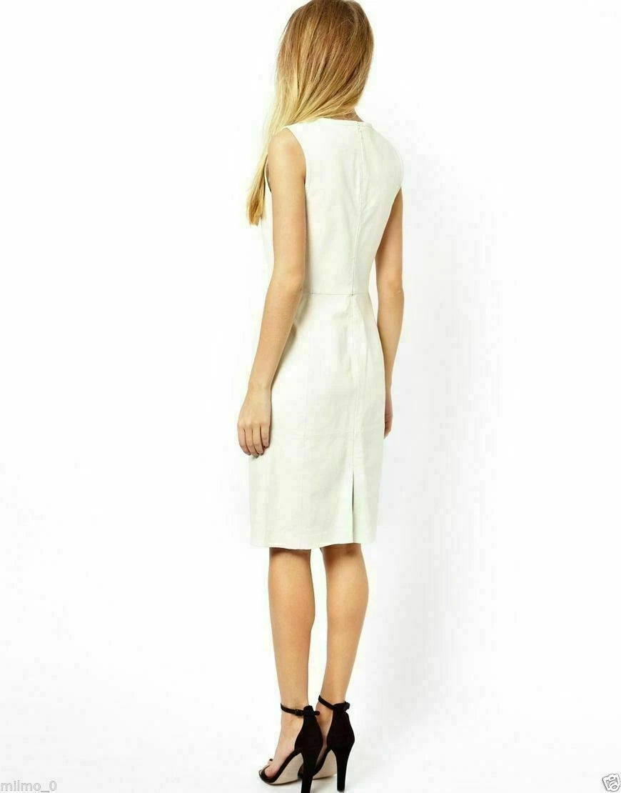 Women's White Original Leather Dress - Sleeveless Ivory Premium Leather Sheath Dress