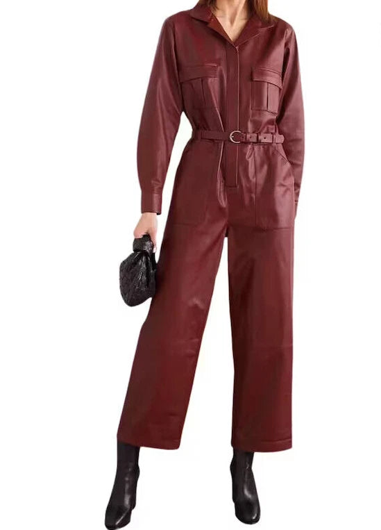 Burgundy Leather Original Jumpsuit - Premium Full-Grain Leather Utility Jumpsuit for Women