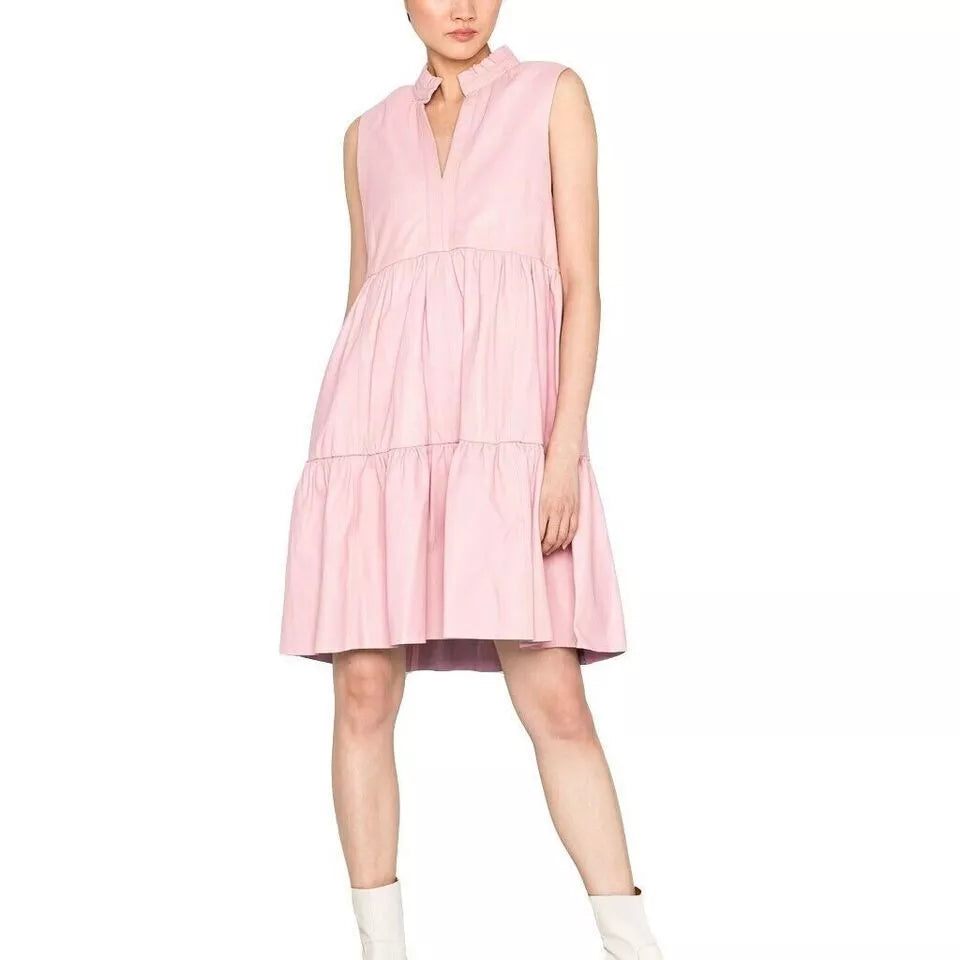Women's Pink Leather Original Dress - Sleeveless Tiered Premium Leather Dress with Collar