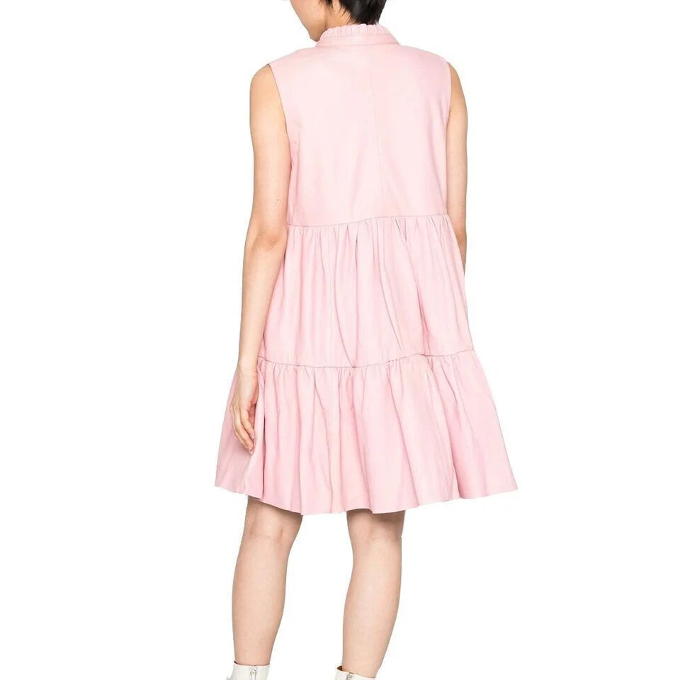 Women's Pink Leather Original Dress - Sleeveless Tiered Premium Leather Dress with Collar