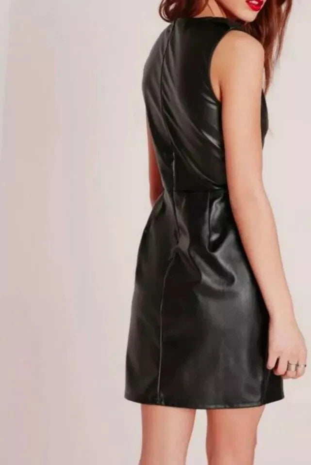 Women's Black Leather Original Dress - Sleeveless Cargo Pocket Premium Leather Mini Dress