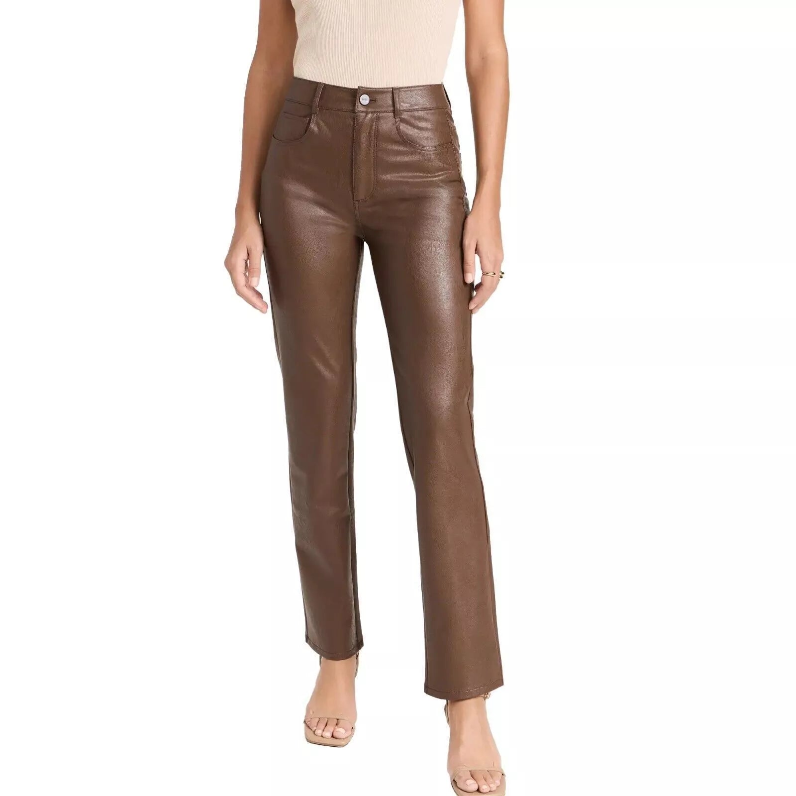Brown Original Leather Straight Leg Pants - High-Waisted Slim Fit Genuine Premium Leather Trousers for Women