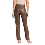 Brown Original Leather Straight Leg Pants - High-Waisted Slim Fit Genuine Premium Leather Trousers for Women