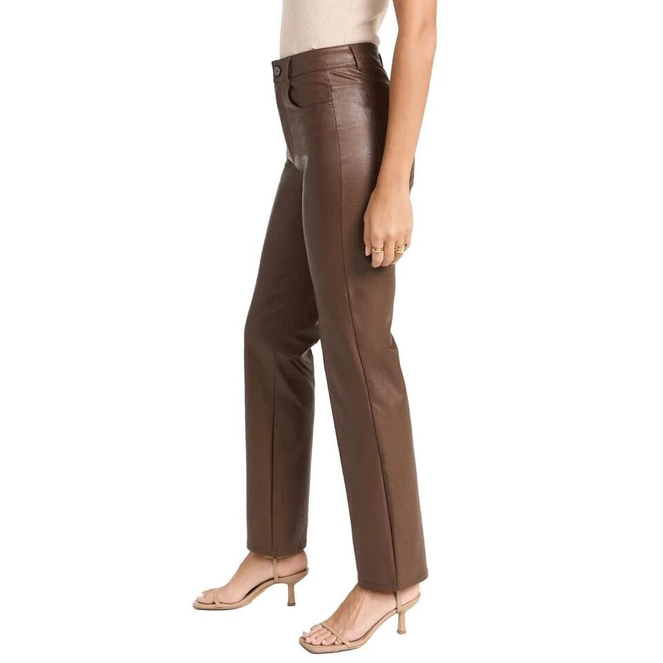Brown Original Leather Straight Leg Pants - High-Waisted Slim Fit Genuine Premium Leather Trousers for Women