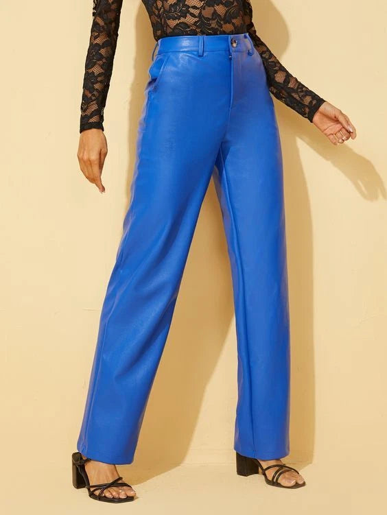 Royal Blue Original Leather Wide Leg Pants - High-Waisted Genuine Premium Leather Trousers for Women