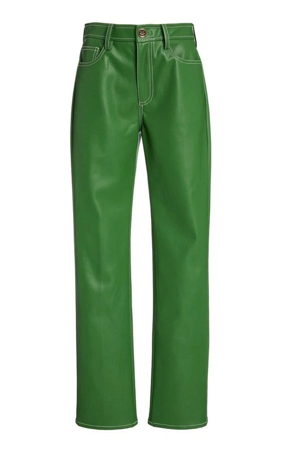 Green Original Leather Wide Leg Pants - High-Waisted Genuine Premium Leather Trousers for Women
