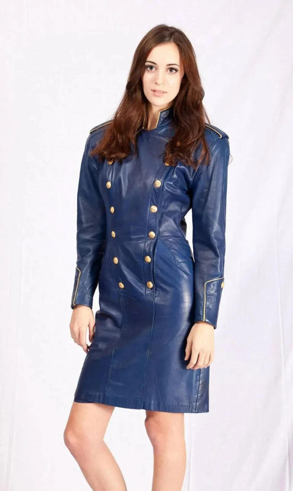 Women's Navy Blue Leather Original Dress - Military Style premium Leather Dress with Gold Buttons