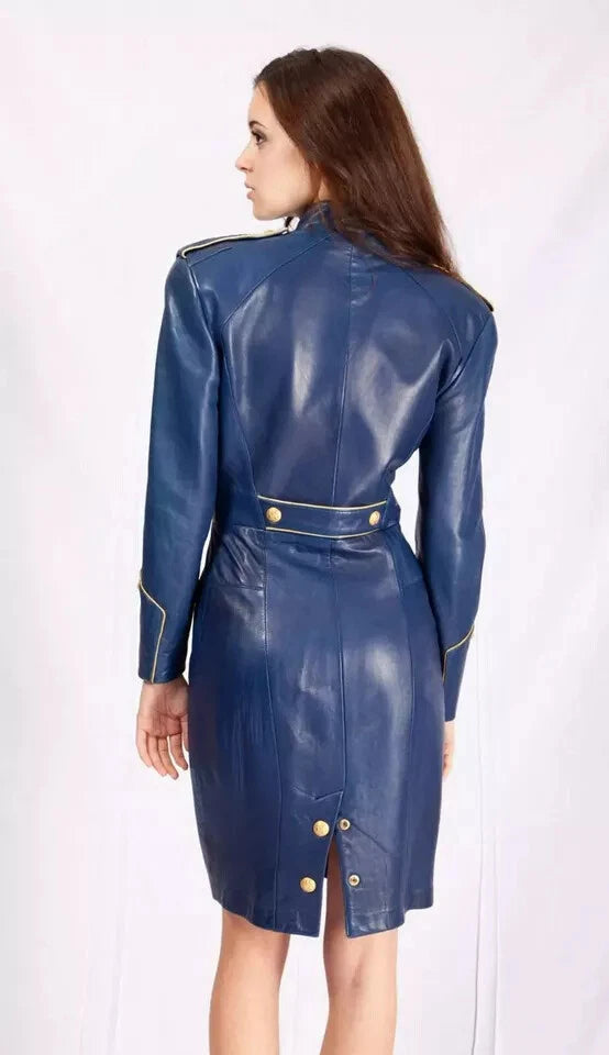 Women's Navy Blue Leather Original Dress - Military Style premium Leather Dress with Gold Buttons