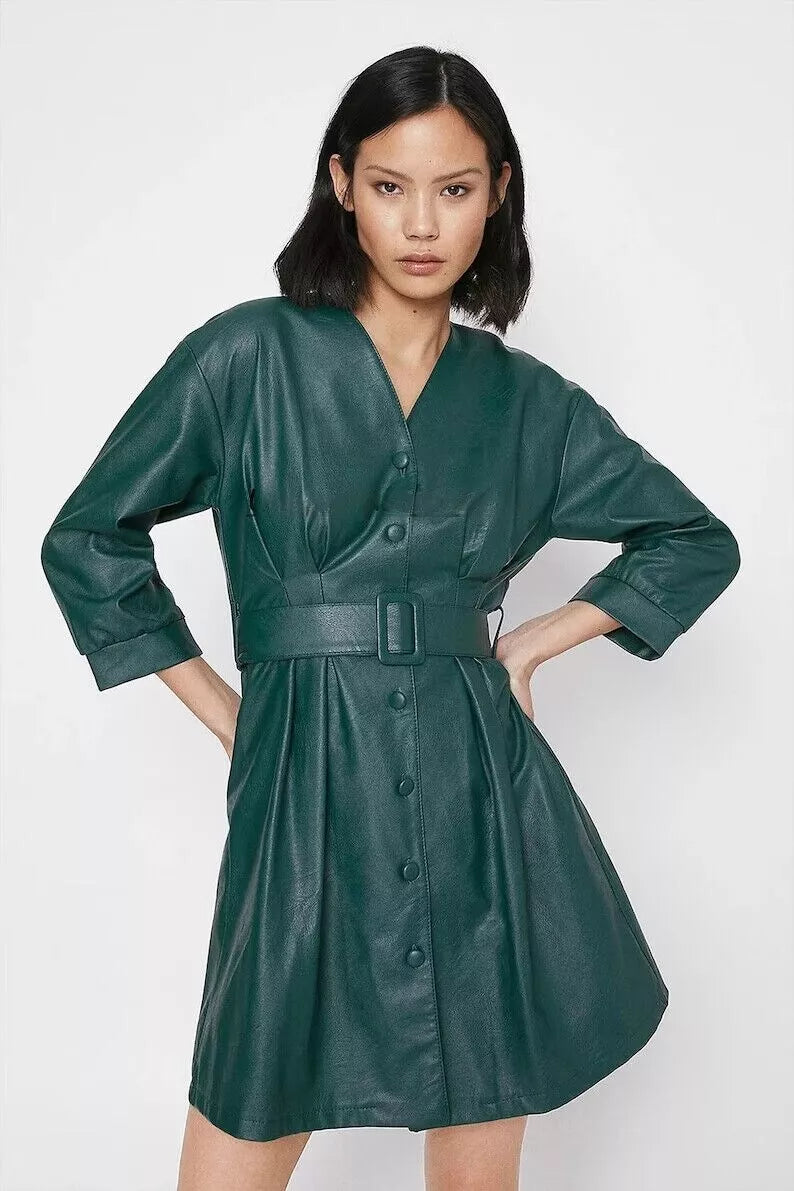 Women's Emerald Green Original Leather Dress - Belted Premium Leather Shirt Dress with 3/4 Sleeves