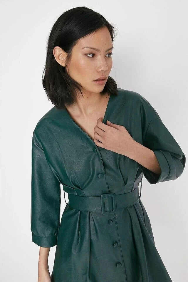 Women's Emerald Green Original Leather Dress - Belted Premium Leather Shirt Dress with 3/4 Sleeves