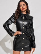 Women's Black Original Leather Shirt Dress - Utility Cargo Pocket Premium Dress with Belt